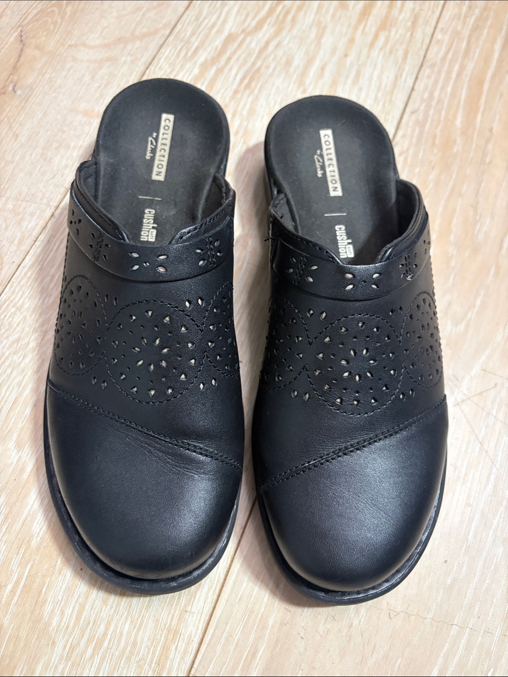Clarks Black Leather Perforated Slip-On Mules